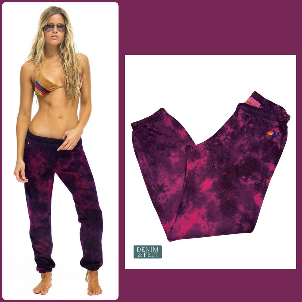 Aviator Nation Crystal Rose Hand Dyed Sweatpants Purple Pink Lounge Joggers SM